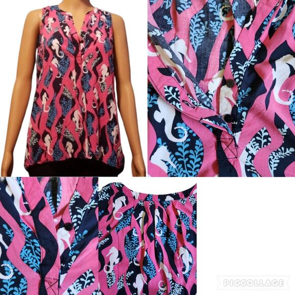 Crown & Ivy Pink Black Blue Coastal Seahorse Print Split V Neck Top Sz M - Picture 8 of 11